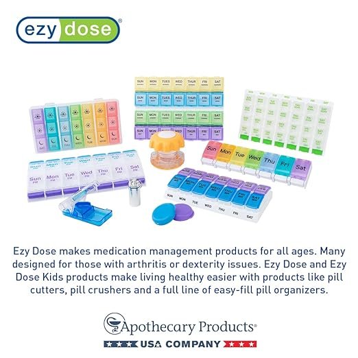 EZY DOSE Weekly (7 Days) AM/PM Pill Holder, Daily Vitamin Container and Pill Box, Large Pop-up Divider, Travel-Friendly Design, Twice a Day, Blue and Yellow Lid