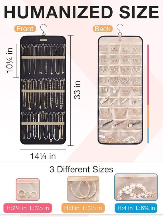 BAGSMART Hanging Jewelry Organizer with Roll-Up Hooks, Metal Hooks, Double-Sided Jewelry Holder, Suitable for Earrings, Necklaces, Closet Rings, Wall Mounts, Door Mounts, 1 Piece, Large Size, Black