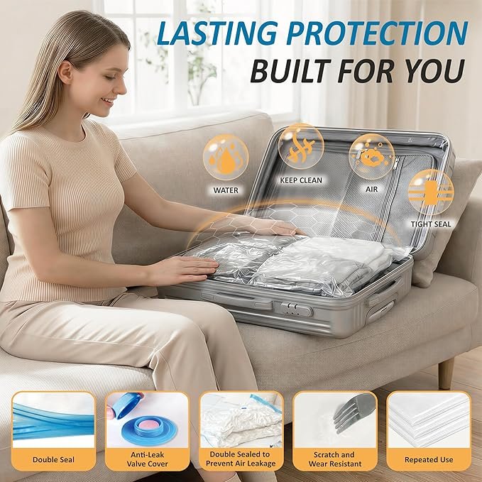 Cozy Essential Vacuum Storage Bags, 80% compression vacuum-sealed space-saving plastic bags, suitable for storing clothes, blankets, pillows, bedding, quilts, and garments. 20-pack.