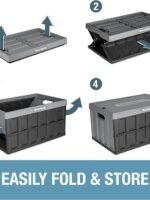 CleverMade Collapsible Storage Bins with Lids, 62L – Heavy Duty Foldable Plastic Storage Crates for Garage, Closet & Trunk Organization - Stone