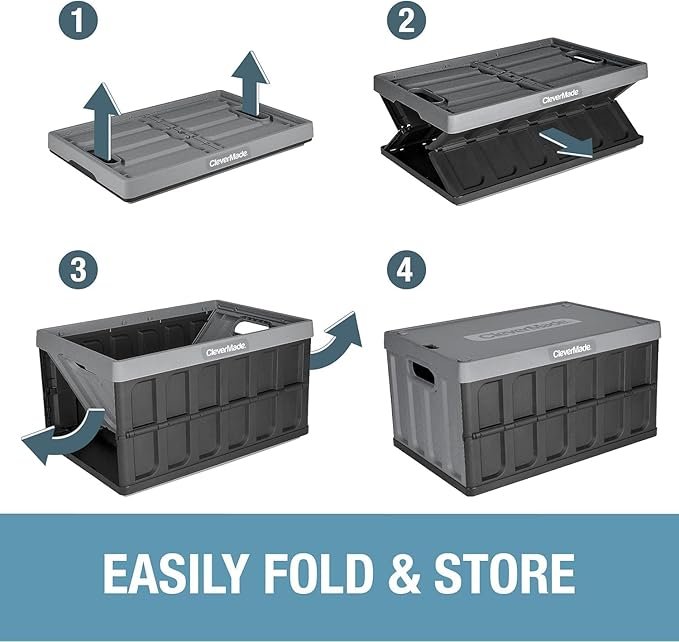 CleverMade Collapsible Storage Bins with Lids, 62L – Heavy Duty Foldable Plastic Storage Crates for Garage, Closet & Trunk Organization - Stone