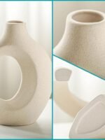 Lvases Snuggle Hollow Ceramic Vase Set (2 Pieces), Nordic Modern Bohemian Style Decorative Ceramic Aesthetic Flower Vase for Home Decor (Off-white, 16 cm wide x 21.3 cm high)