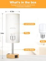 Fenmzee Bedroom Bedside Table Lamp - 3-Way Dimmable Touch Lamp with USB-C Charging Port and AC Socket, Small Wooden Base, Round Linen Fabric Lampshade Suitable for Living Rooms, Desks, and LED Bulbs