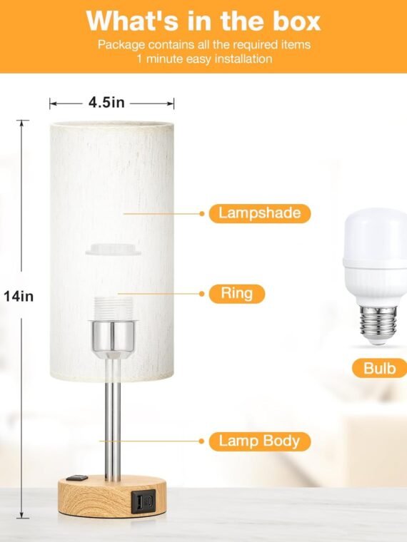 Fenmzee Bedroom Bedside Table Lamp - 3-Way Dimmable Touch Lamp with USB-C Charging Port and AC Socket, Small Wooden Base, Round Linen Fabric Lampshade Suitable for Living Rooms, Desks, and LED Bulbs