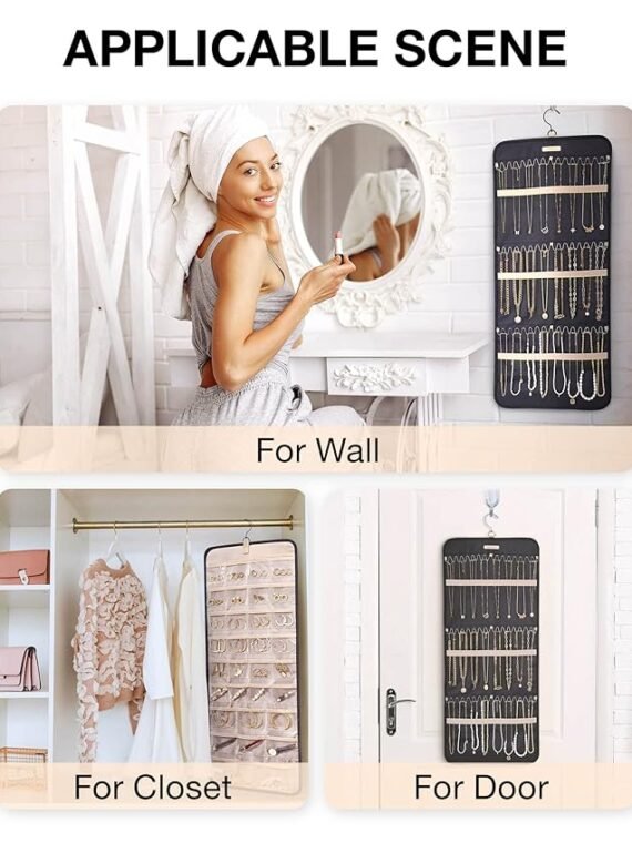 BAGSMART Hanging Jewelry Organizer with Roll-Up Hooks, Metal Hooks, Double-Sided Jewelry Holder, Suitable for Earrings, Necklaces, Closet Rings, Wall Mounts, Door Mounts, 1 Piece, Large Size, Black