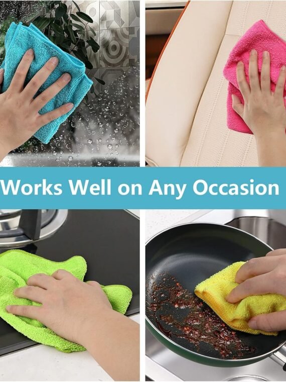 HOMEXCEL Microfiber Cleaning Cloths 210GSM, 12-pack, Size: 11.5" x 11.5", ultra-soft, high-density non-abrasion cleaning towels, suitable for cars, glass, kitchens, reusable cloths, blue/grey/yellow/pink.