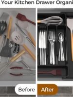 Ukeetap Extra Large Expandable Silverware Organizer, BPA-Free Food Safety Cutlery Organizer, Kitchen Utensil Drawer Organizer, Adjustable Silverware Holder, Suitable for Spoons, Forks, and Knives, Black