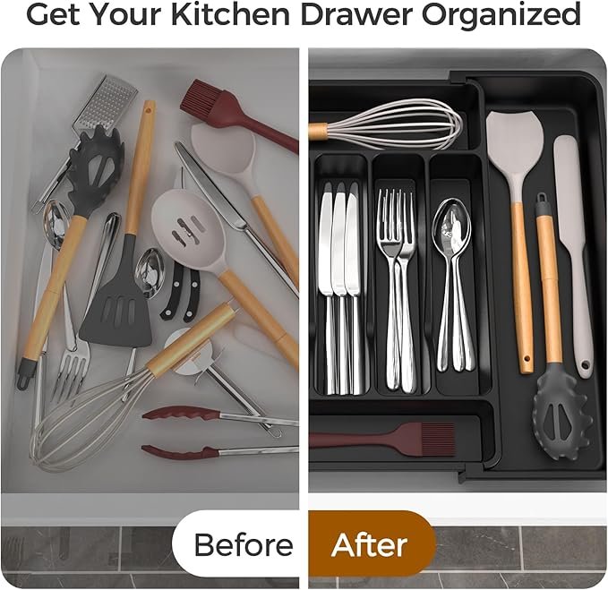 Ukeetap Extra Large Expandable Silverware Organizer, BPA-Free Food Safety Cutlery Organizer, Kitchen Utensil Drawer Organizer, Adjustable Silverware Holder, Suitable for Spoons, Forks, and Knives, Black