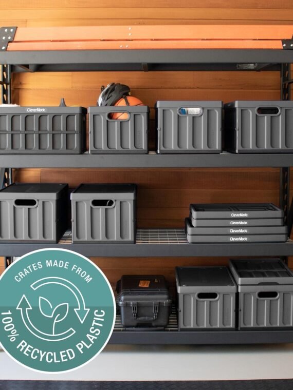 CleverMade Collapsible Storage Bins with Lids, 62L – Heavy Duty Foldable Plastic Storage Crates for Garage, Closet & Trunk Organization - Stone