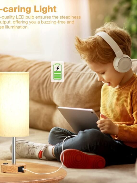 Fenmzee Bedroom Bedside Table Lamp - 3-Way Dimmable Touch Lamp with USB-C Charging Port and AC Socket, Small Wooden Base, Round Linen Fabric Lampshade Suitable for Living Rooms, Desks, and LED Bulbs