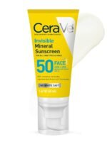CeraVe Invisible Mineral Sunscreen SPF 50, suitable for sensitive skin, contains zinc oxide and titanium dioxide, vitamin E + niacinamide + ceramide, oil-free, travel size 1.6 oz.