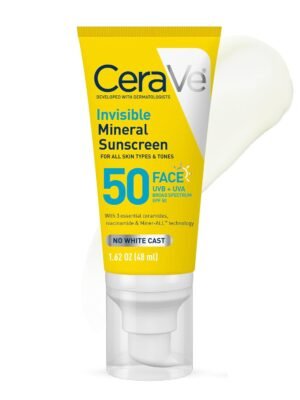 CeraVe Invisible Mineral Sunscreen SPF 50, suitable for sensitive skin, contains zinc oxide and titanium dioxide, vitamin E + niacinamide + ceramide, oil-free, travel size 1.6 oz.