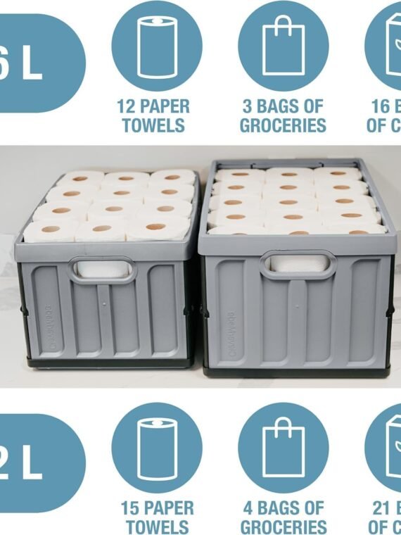 CleverMade Collapsible Storage Bins with Lids, 62L – Heavy Duty Foldable Plastic Storage Crates for Garage, Closet & Trunk Organization - Stone