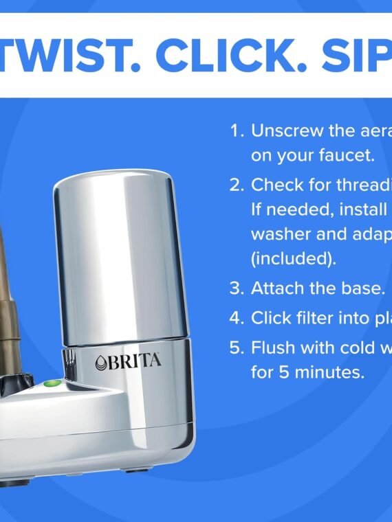 Brita Faucet Mount Water Filter System, Chrome, No-Wait Filtration, Easy Install, Multi-Use Tap Water Filter for Kitchens, Bathrooms & Small Spaces
