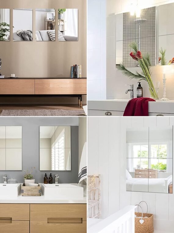 JUNEBRUSHS 4 Pack Self Adhesive Acrylic Mirror, 8 x 8 Inch Mirror Tiles,Flexible Plastic Mirror Sheets Wall Stickers,2MM Thick Mirrors