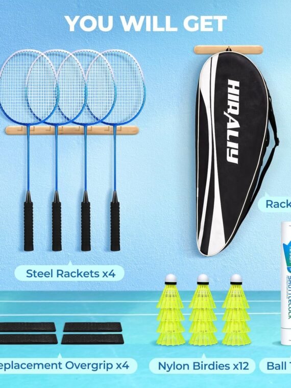 HIRALIY Badminton Rackets Set for Backyards, Badminton Set, Includ 2/4 Rackets, 6/12 Birdies, 1 Carrying Bag, Outdoor Game for Adult Family Beginner