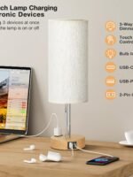 Fenmzee Bedroom Bedside Table Lamp - 3-Way Dimmable Touch Lamp with USB-C Charging Port and AC Socket, Small Wooden Base, Round Linen Fabric Lampshade Suitable for Living Rooms, Desks, and LED Bulbs