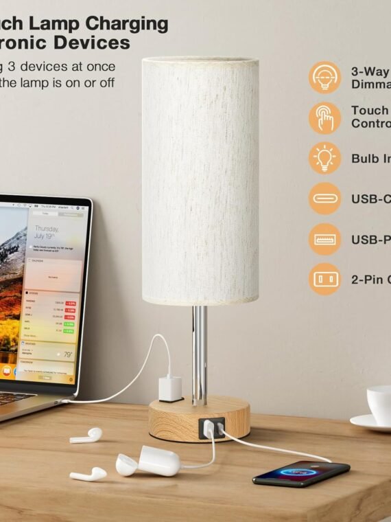 Fenmzee Bedroom Bedside Table Lamp - 3-Way Dimmable Touch Lamp with USB-C Charging Port and AC Socket, Small Wooden Base, Round Linen Fabric Lampshade Suitable for Living Rooms, Desks, and LED Bulbs