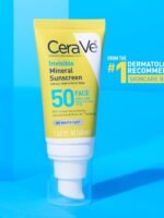 CeraVe Invisible Mineral Sunscreen SPF 50, suitable for sensitive skin, contains zinc oxide and titanium dioxide, vitamin E + niacinamide + ceramide, oil-free, travel size 1.6 oz.