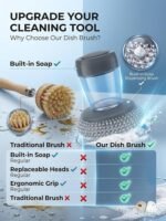 Dish Soap Dispenser and Sponge Holder Set for Kitchen Sink Soap Dispensing Palm Brush with Handle Scrubber Wood Bamboo Cleaning Tools Wand Refill Countertop Accessories(2+6PCS)