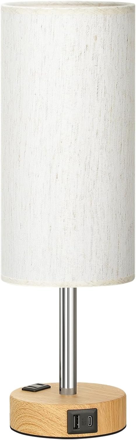 Fenmzee Bedroom Bedside Table Lamp - 3-Way Dimmable Touch Lamp with USB-C Charging Port and AC Socket, Small Wooden Base, Round Linen Fabric Lampshade Suitable for Living Rooms, Desks, and LED Bulbs