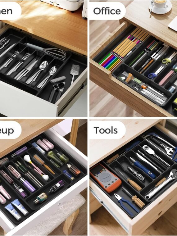 Ukeetap Extra Large Expandable Silverware Organizer, BPA-Free Food Safety Cutlery Organizer, Kitchen Utensil Drawer Organizer, Adjustable Silverware Holder, Suitable for Spoons, Forks, and Knives, Black