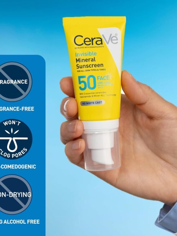 CeraVe Invisible Mineral Sunscreen SPF 50, suitable for sensitive skin, contains zinc oxide and titanium dioxide, vitamin E + niacinamide + ceramide, oil-free, travel size 1.6 oz.