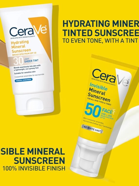 CeraVe Invisible Mineral Sunscreen SPF 50, suitable for sensitive skin, contains zinc oxide and titanium dioxide, vitamin E + niacinamide + ceramide, oil-free, travel size 1.6 oz.