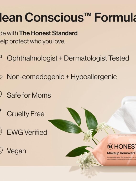 Honest Beauty Fragrance-Free Cleansing and Makeup Removing Wipes | Plant-based, hypoallergenic, gentle for sensitive skin | 90 wipes