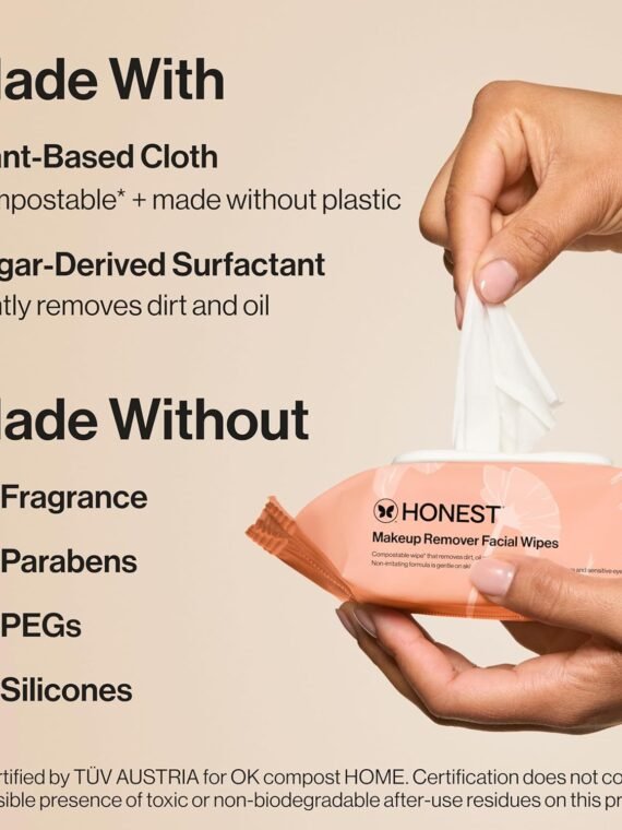 Honest Beauty Fragrance-Free Cleansing and Makeup Removing Wipes | Plant-based, hypoallergenic, gentle for sensitive skin | 90 wipes