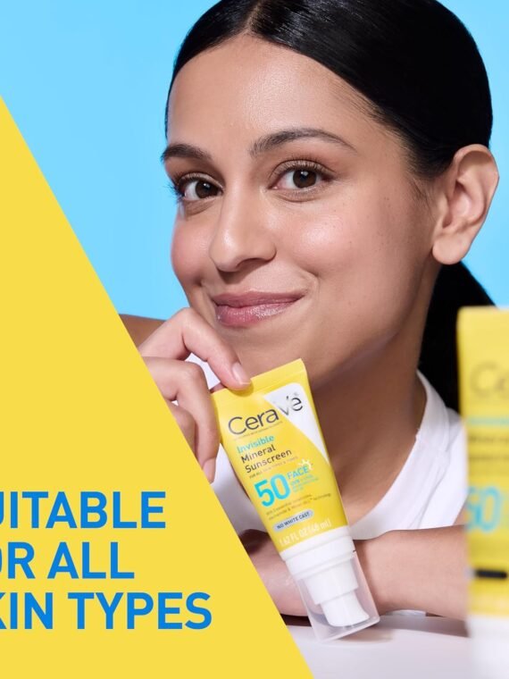 CeraVe Invisible Mineral Sunscreen SPF 50, suitable for sensitive skin, contains zinc oxide and titanium dioxide, vitamin E + niacinamide + ceramide, oil-free, travel size 1.6 oz.