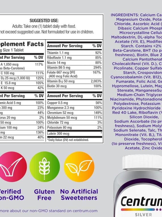 Centrum Silver Multivitamin for Women 50+, a multivitamin/mineral supplement containing Vitamin D3, B vitamins, and non-GMO ingredients, supports memory and cognition in older adults - 200 carats