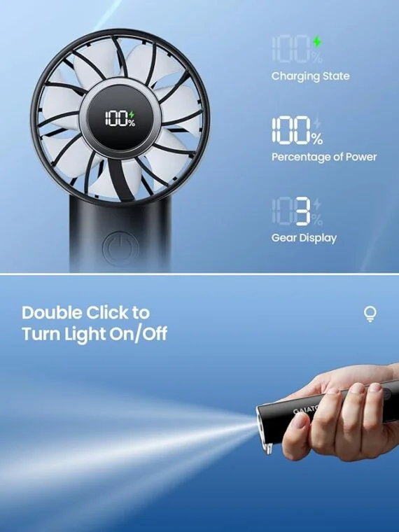 (First order bonus for new customers! Limited to one order per person, free shipping to your door, only AED 0.18!)Gaiatop Portable Mini Fan, 3 Speed Handheld Fans with Power Display Flashlight, USB Rechargeable Battery, Lightweight Personal Cooling for Women Men Indoor Outdoor Travel White