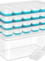 DOQAUS Ice Cube Tray with Lid and Bin - 4 Pack Silicone Ice Cube Trays for Freezer, Stackable Ice Bucket Kits with Storage Container & Scoop for Kitchen, RV, Cocktail, Coffee