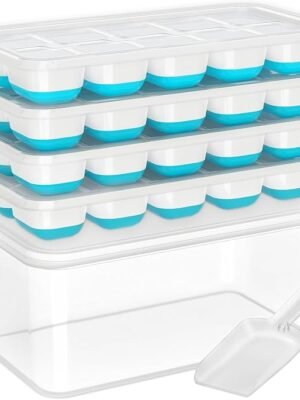 DOQAUS Ice Cube Tray with Lid and Bin - 4 Pack Silicone Ice Cube Trays for Freezer, Stackable Ice Bucket Kits with Storage Container & Scoop for Kitchen, RV, Cocktail, Coffee