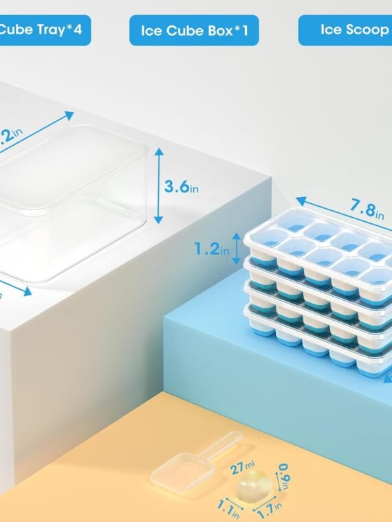 DOQAUS Ice Cube Tray with Lid and Bin - 4 Pack Silicone Ice Cube Trays for Freezer, Stackable Ice Bucket Kits with Storage Container & Scoop for Kitchen, RV, Cocktail, Coffee