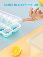 DOQAUS Ice Cube Tray with Lid and Bin - 4 Pack Silicone Ice Cube Trays for Freezer, Stackable Ice Bucket Kits with Storage Container & Scoop for Kitchen, RV, Cocktail, Coffee