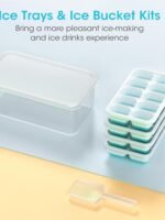 DOQAUS Ice Cube Tray with Lid and Bin - 4 Pack Silicone Ice Cube Trays for Freezer, Stackable Ice Bucket Kits with Storage Container & Scoop for Kitchen, RV, Cocktail, Coffee