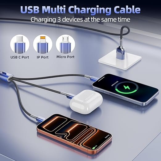 (First order bonus for new customers! Limited to one order per person, free shipping to your door, only AED 0.18!) Multi-functional charging cable, 3-in-1 charger, suitable for multiple devices, 48-strand braided universal charging cable, equipped with USB-C/IP/Micro interface, suitable for iPhone 17-11/Android/iPad and other devices, 4 feet (about 1.2 meters), suitable for travel/car/cruise/beach and other occasions.