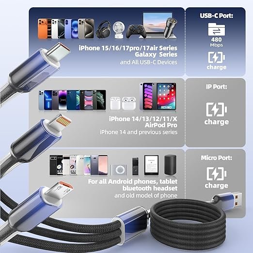 (First order bonus for new customers! Limited to one order per person, free shipping to your door, only AED 0.18!) Multi-functional charging cable, 3-in-1 charger, suitable for multiple devices, 48-strand braided universal charging cable, equipped with USB-C/IP/Micro interface, suitable for iPhone 17-11/Android/iPad and other devices, 4 feet (about 1.2 meters), suitable for travel/car/cruise/beach and other occasions.
