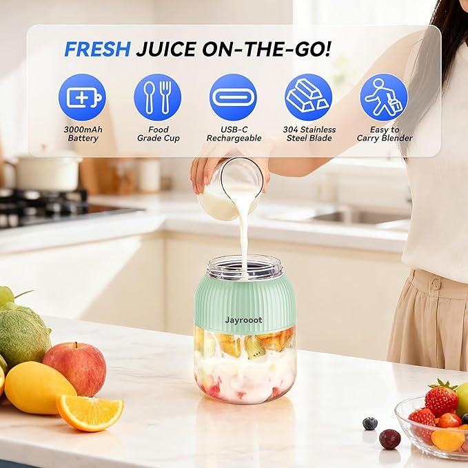 Personal Blender, Compact Cordless, BPA-Free, 20 oz (600ml), USB-C Rechargeable – Makes Juices, Milkshakes, Smoothies – Ideal for Travel, Gym, Office
