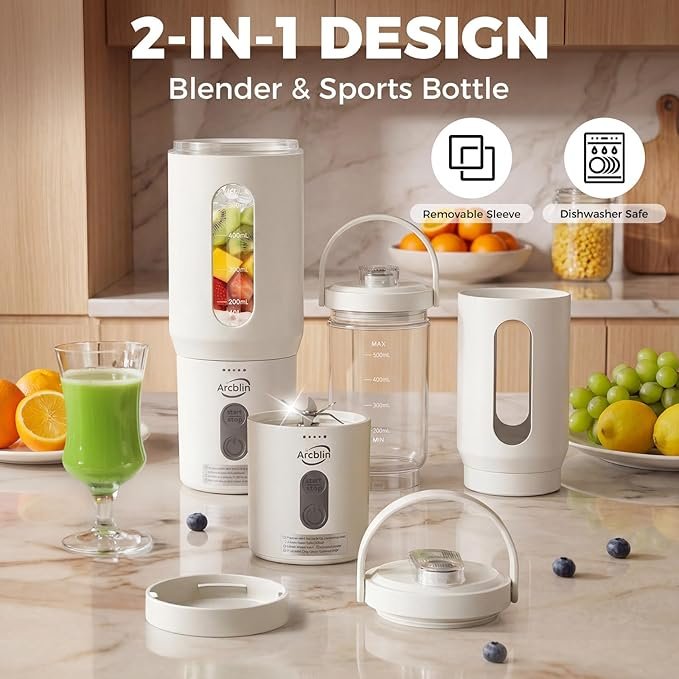 Personal Portable Blender, Detachable To-Go Cup& Carry Handle,17oz Blender Cup for Shakes and Smoothies, Rechargeable Mini Juicer for Gym, Baby Food, Auto-Shutoff, BPA Free, Green