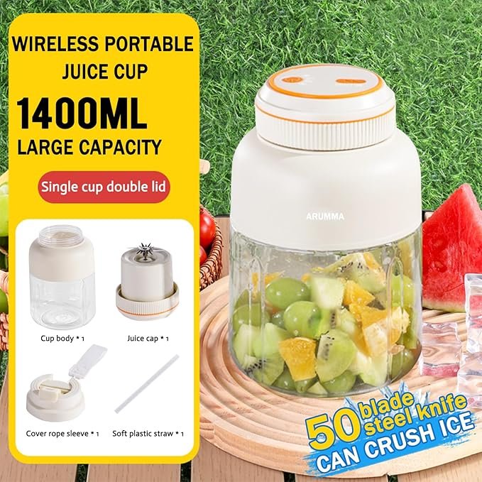 Portable Juice Cup Blender for Smoothies Shakes Fruit Crush Baby Food Maker 43oz 1300ML USB Charging Cordless Food Grade Blades Electric Smoothie Blender for Small Ice Kitchen Outdoor