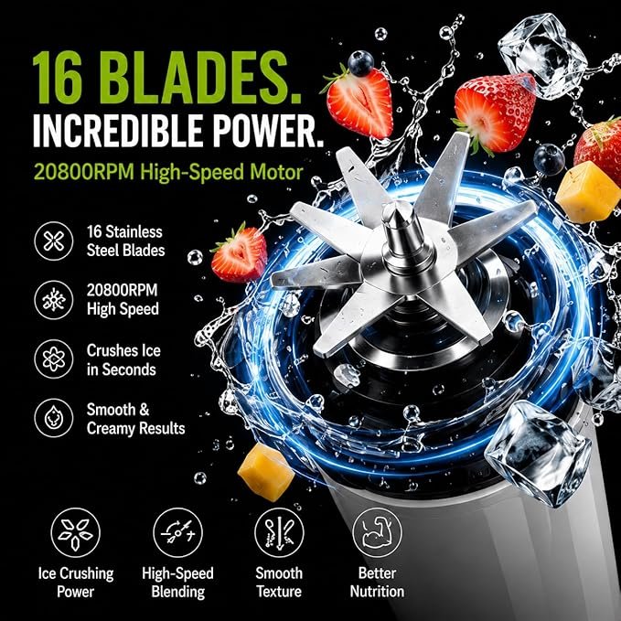 Portable Blender for Protein Shakes & Smoothies, 17oz USB-C Rechargeable Personal Blender with LED Display, Powerful 16-Blade Mini Juicer for Gym, Travel & Office